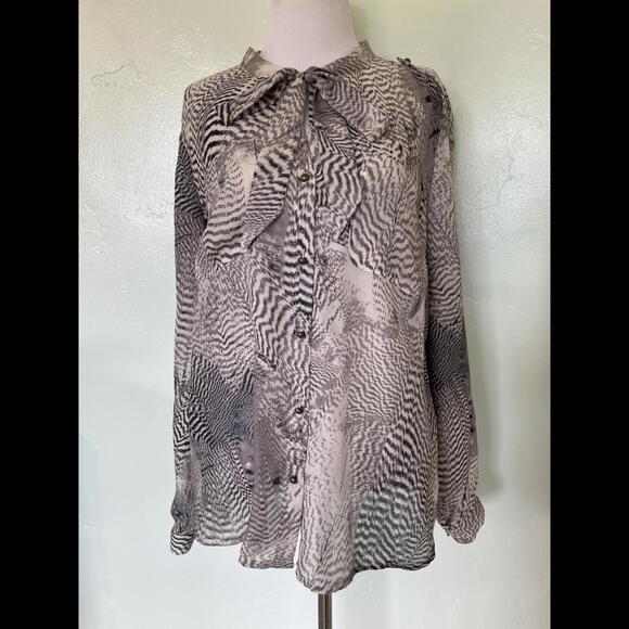 Ann Taylor LOFT Abstract Animal Print Gray Tie Neck Blouse Large L 17-0093 - Picture 1 of 5